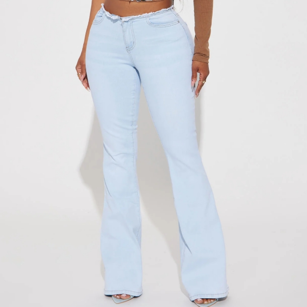 Fashion Nova Big Flirt Cut Off Waistband Low Rise Flare Light Blue Wash Jeans